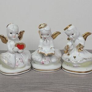 Vintage Porcelain Angel Figurine Set of 3 White Gold Halo Wings